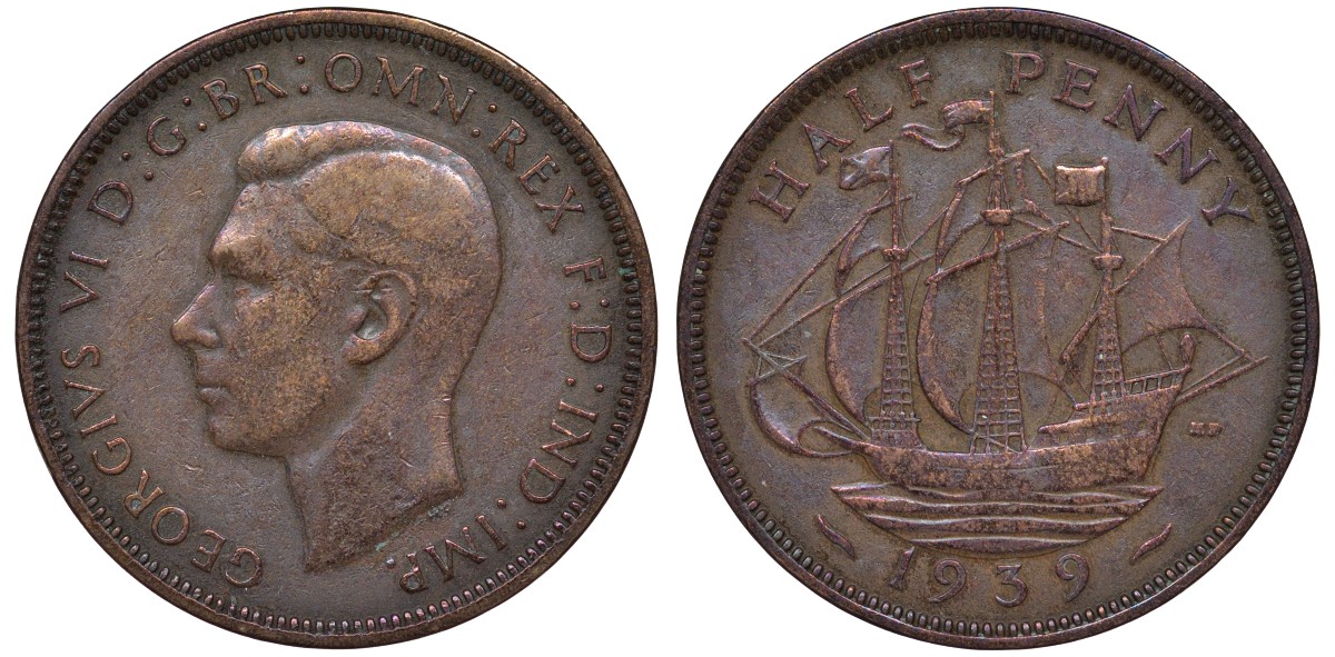 Великобритания 1/2 пенни 1939 Георг VI (1936-1952) KM 844, Spink 4115 бронза 4122-751