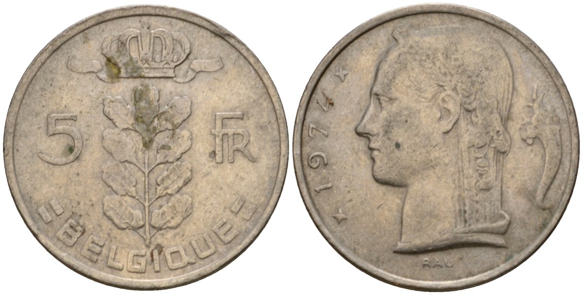 Бельгия 5 франков 1974 Belgique, Бодуэн I (1951-1993) KM 134 медно-никель 4397-326