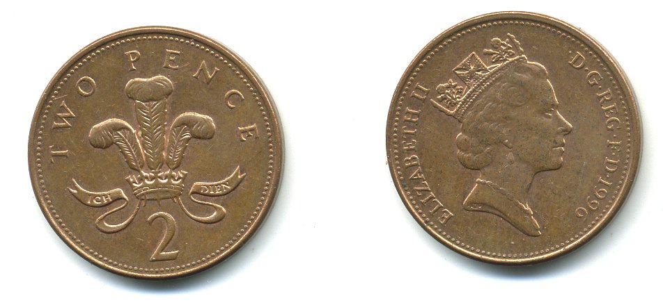 Великобритания 2 пенса 1996 Елизавета II (1952-2022) KM 936а, Spink 4386 (C4) сталь плакированная медью 540-424