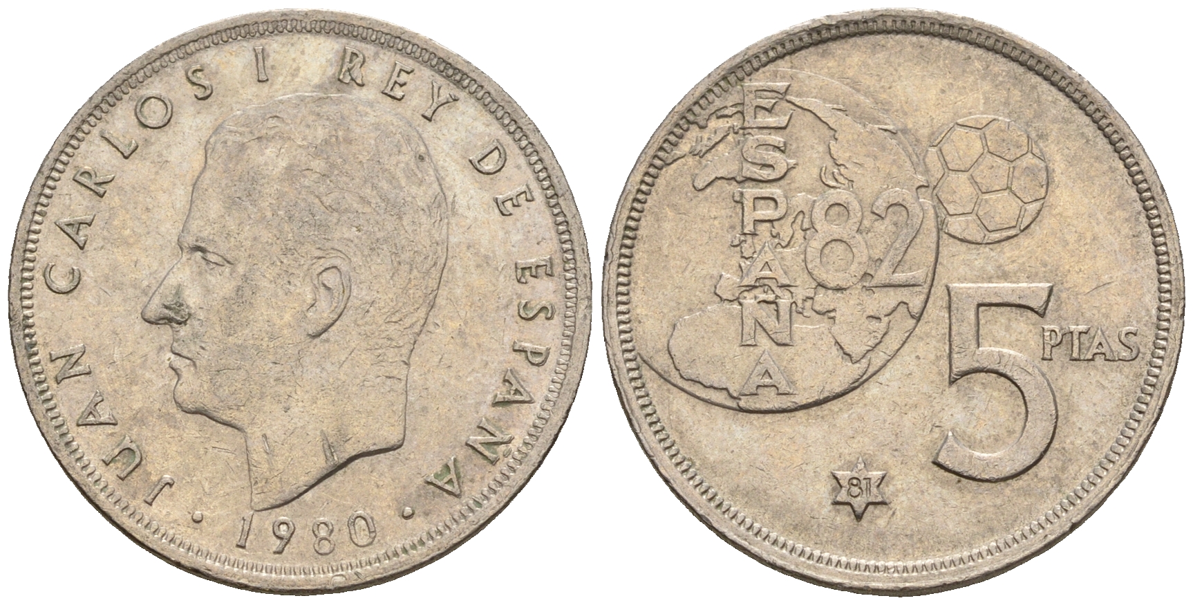 Испания 5 песет 1980 (81) чемпионат мира по футболу в Испании 1982 года, Хуан Карлос I (1975-) KM 817 медно-никель 259-322
