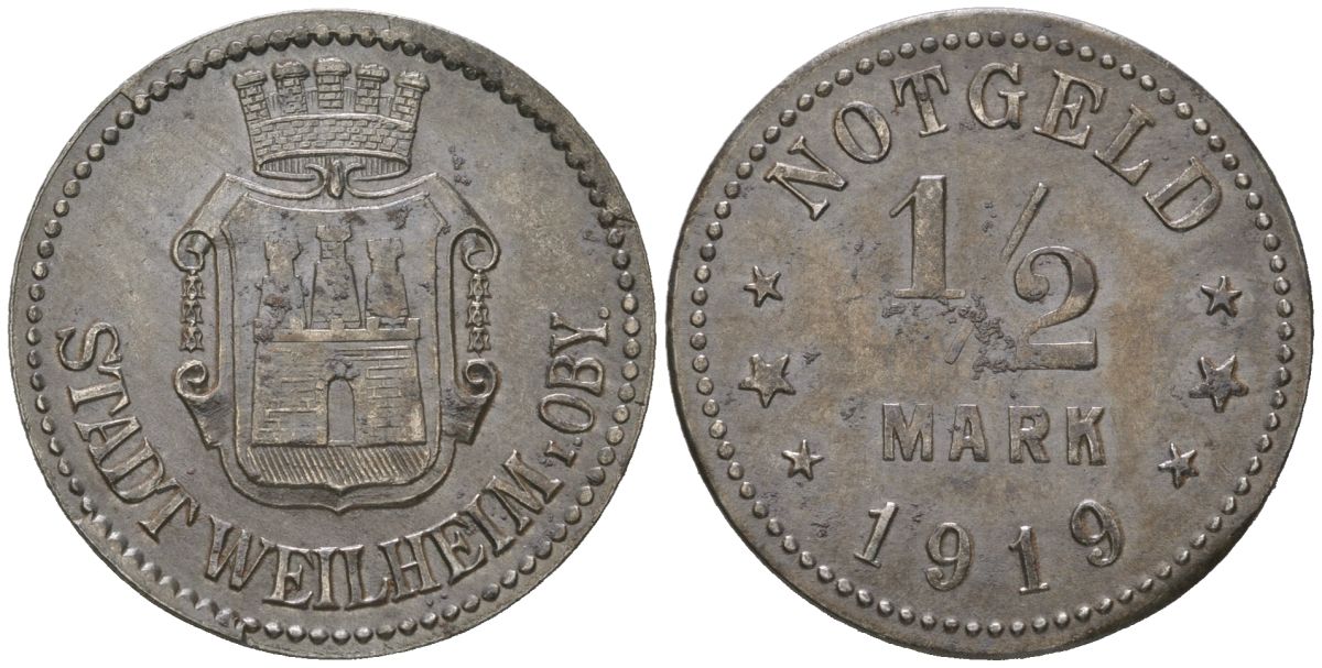 Вайльхайм в Обербайерне (Бавария) 1/2 мaрки 1919 Funck 585.7, Men18 33058.4 железо aUNC 1524-615