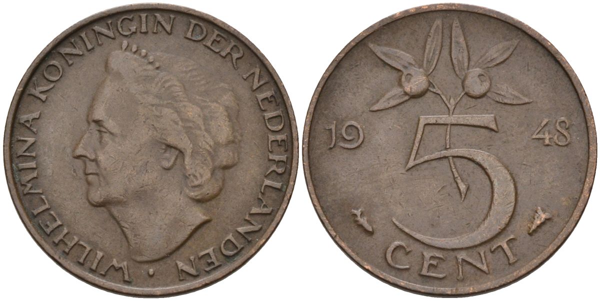 Нидерланды 5 центов 1948 Вильгельмина (1890-1948) KM 176 бронза 4592-845