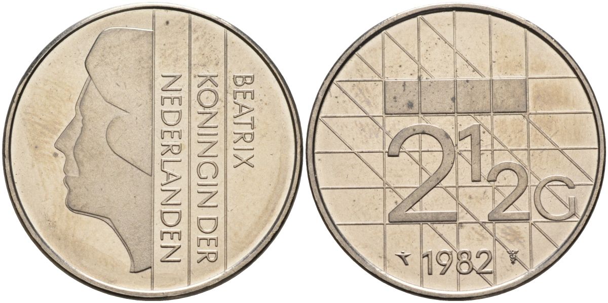 Нидерланды 2 1/2 гульдена 1982 Беатрикс (1980-2013) KM 206 никель UNC 4593-1034