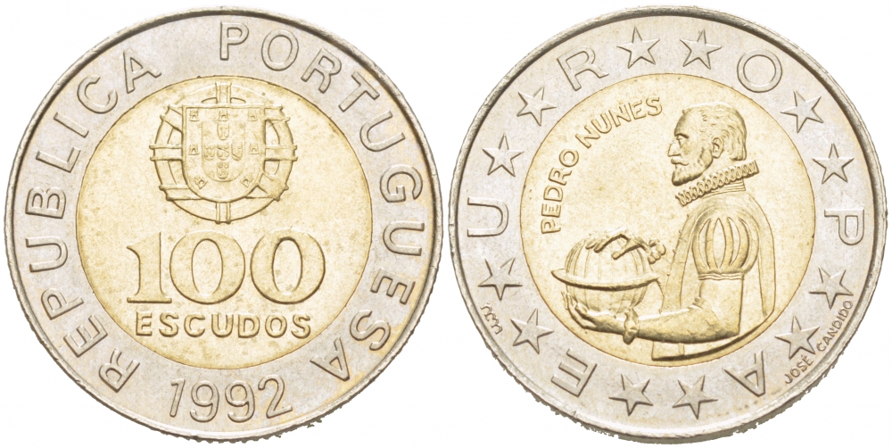 Португалия 100 эскудо 1992 Педру Нуниш (1502-1578), математик KM 645.1 биметалл 77-545