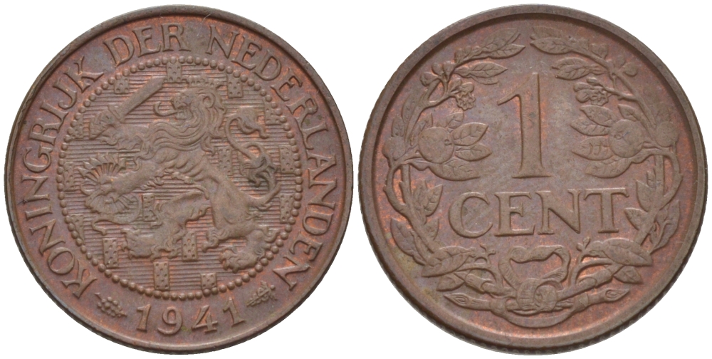НИДЕРЛАНДЫ 1 ЦЕНТ 1941 ВИЛЬГЕЛЬМИНА (1890-1948) KM 152 бронза 39-114