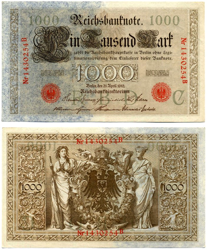 Германия 1000 марок 1910 21 апреля 1910, красная печать, номер семизначный, серия В, буква С, выпуск АПРЕЛЬ - АВГУСТ 1919 Pick 44, Роземберг 45b бумага VF 2194-21-2-1