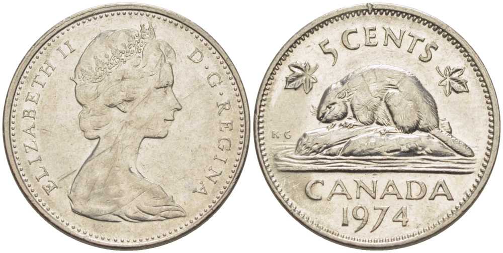 Канада 5 центов 1974 бобр, Елизавета II (1952-) KM 60.1 никель 86-821
