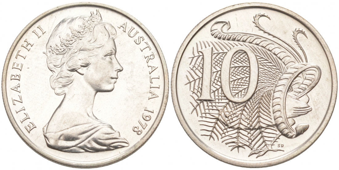 Австралия 10 центов 1978 Елизавета II (1952-), птица лирахвост KM 65 медно-никель UNC 3853-1215