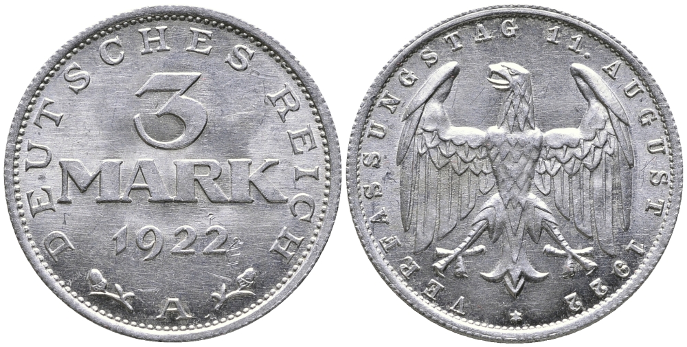 Германия 3 марки 1922 A, третья годовщина Веймарской Конституции KM 29, J. 303 алюминий 38-241