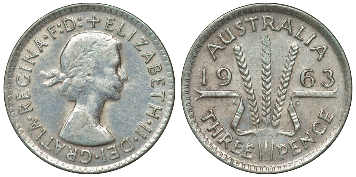 Австралия 3 пенса 1963 m, Елизавета II (1952-2022) KM 57 серебро 71-944