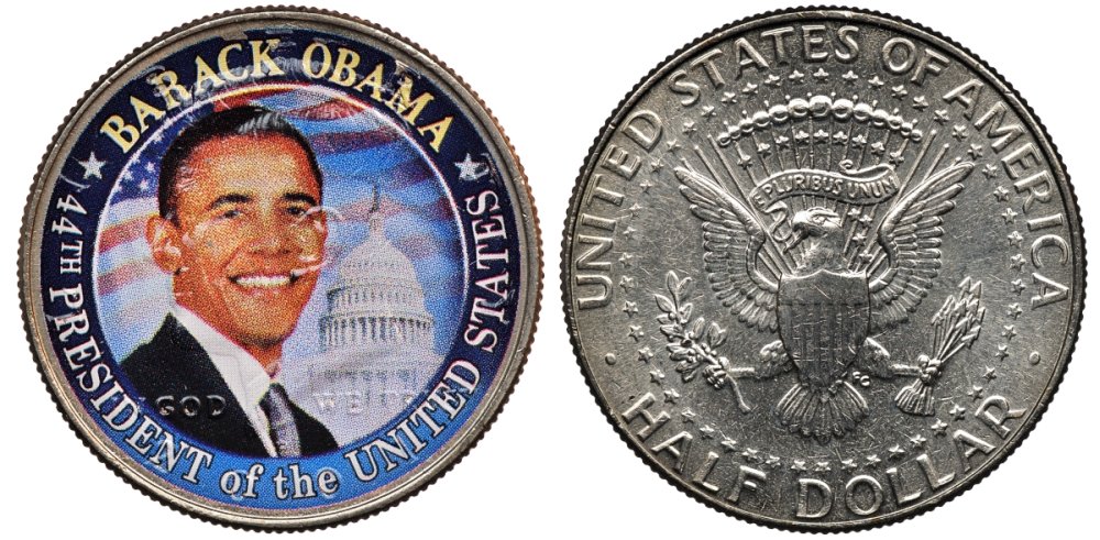 США 50 центов = 1/2 доллара 2001 44-й Президент США, Барак Обама, цветная наклейка на Кеннеди KM A202b медь плакированная медно-никелем UNC 1099-1-23