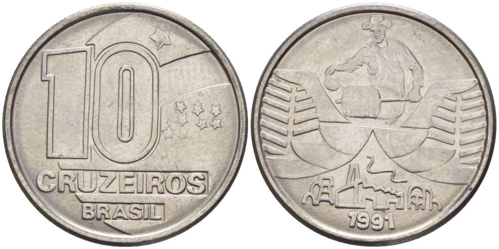 Бразилия 10 крузейро 1990 золотодобыча KM 619.1 нержавеющая сталь 3996-927