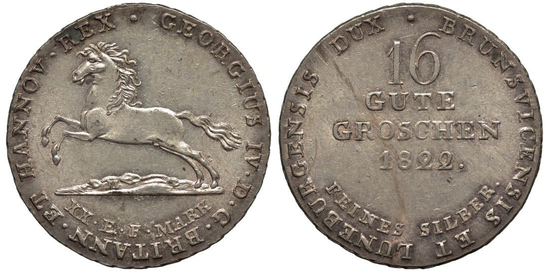 Брауншвейг-Каленберг-Ганновер 16 гутергрошенов 1822 король Георг IV (1820-1830) J 23 g, AKS 37 серебро  aUNC  11-119-15