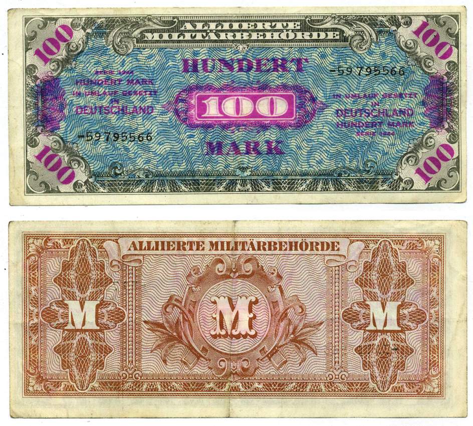 Германия, оккупация союзниками 100 марок 1944 8 цифр, без кода, выпуск СССР Pick 197 d, Розенберг 206 d бумага 8612-30-1-2