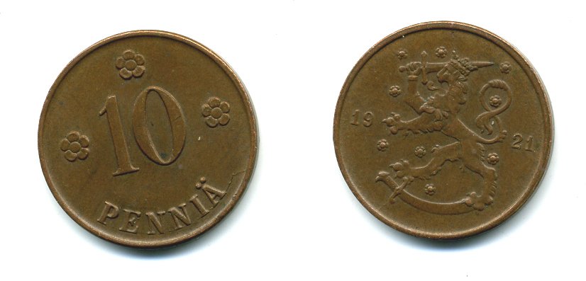 Финляндия 10 пенни 1921 республика (1918-1962) KM 24 медь 46-217