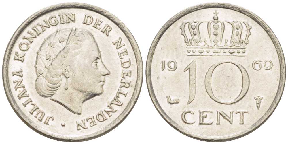 Нидерланды 10 центов 1969 Юлиана (1948-1980) KM 182 никель 214-1243