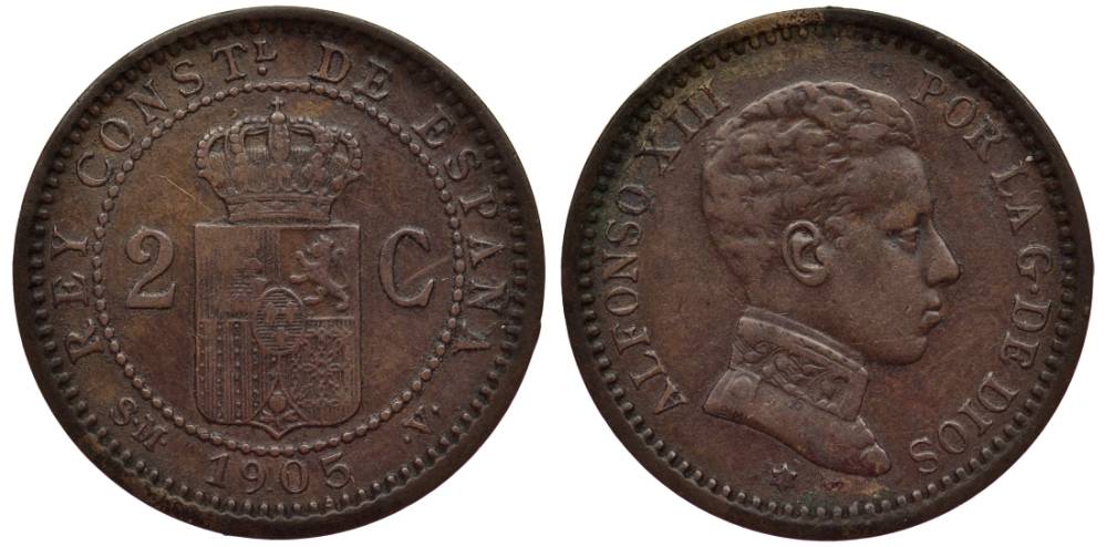 ИСПАНИЯ 2 СЕНТИМО 1905 SM-V, АЛЬФОНСО XIII (1886-1931) KM 722 медь 4549-838