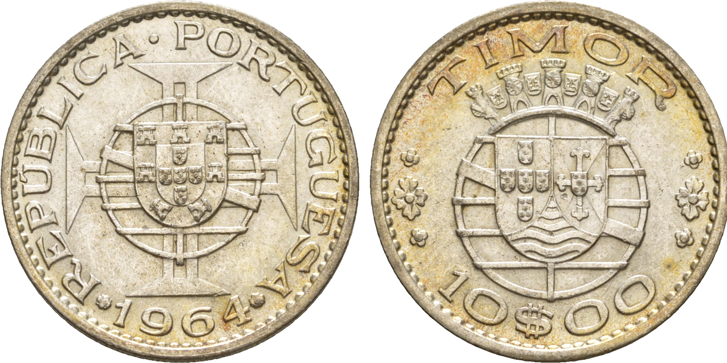 Португальский Тимор 10 эскудо 1964  KM 16 серебро  aUNC  413-5824