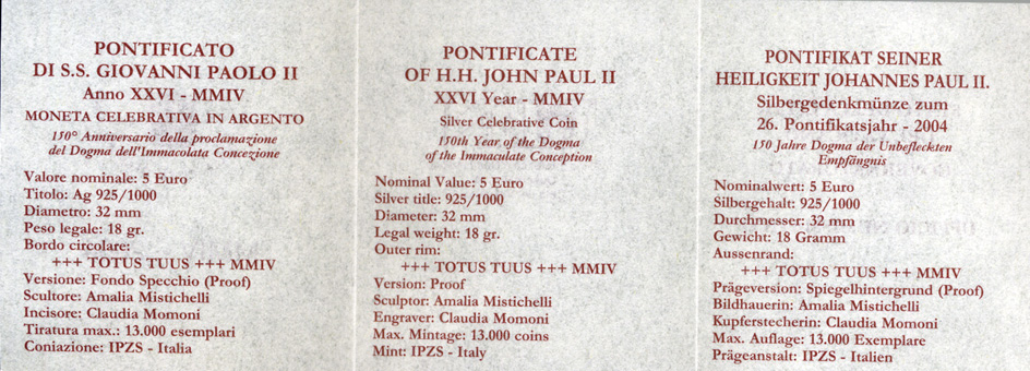 Ватикан 5 евро 2004 Иоанн Павел II, 150 лет провозглашения догмата о непорочном зачатии, в оригинальной коробке, с сертификатом KM 359 серебро  PROOF 2-4-2-26