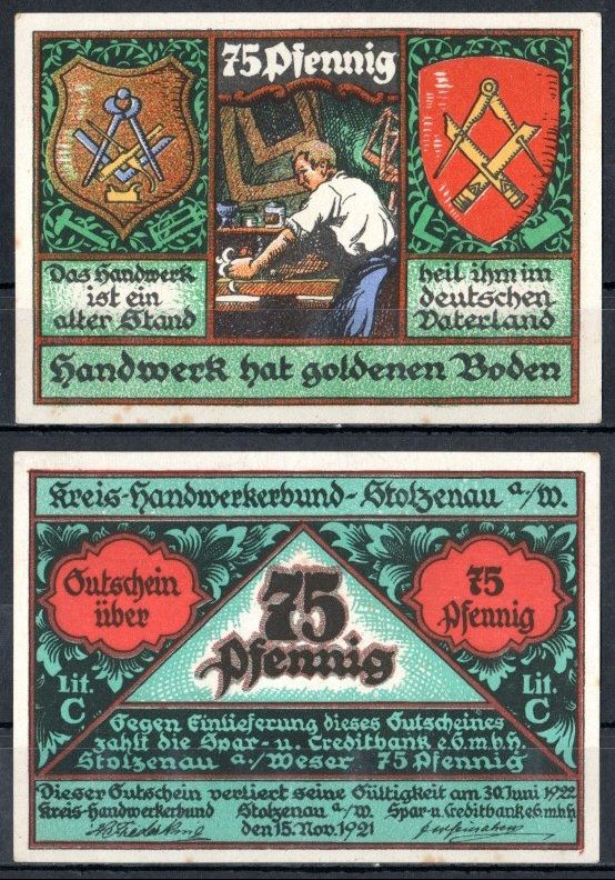 Штольценау (Пруссия, Ганновер) 75 пфеннигов 1921 Mehl Grabowski 1277.1-7/12 бумага UNC (пресс) 7556-70-2-2