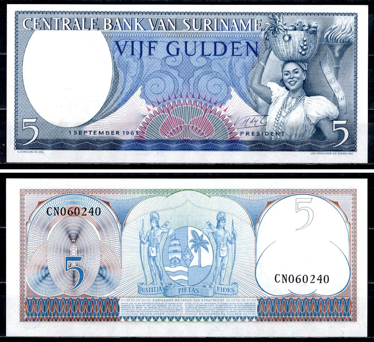 Суринам 5 гульденов 1963 Pick 120 b бумага UNC (пресс) 6312-29-2-1
