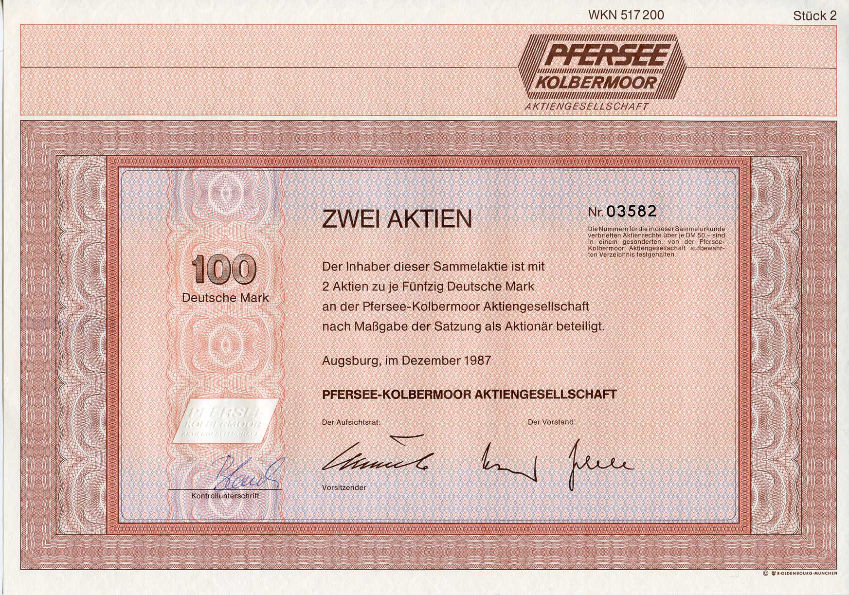 ФРГ 100 марок 1987 Пферзее Кольбермур АГ, Аугсбург, 2 акции   бумага   8803-120-1