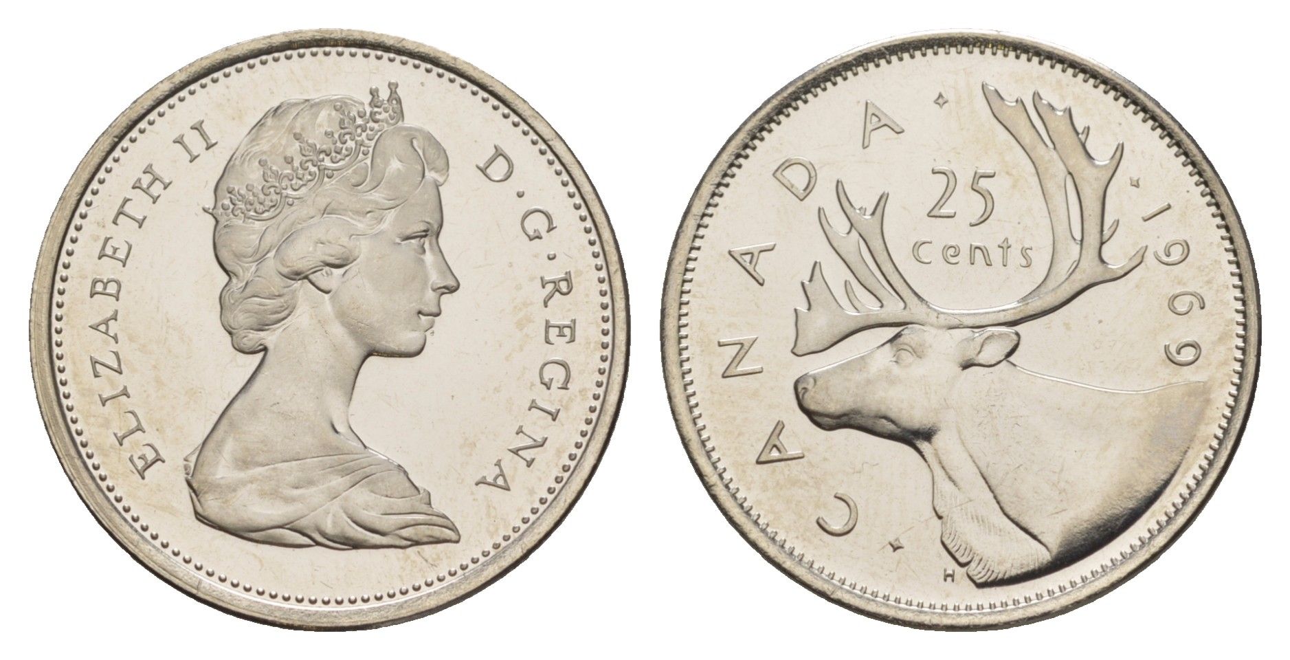Канада 25 центов 1969 Елизавета II (1952-2022), олень KM 62b никель BU 4541-941