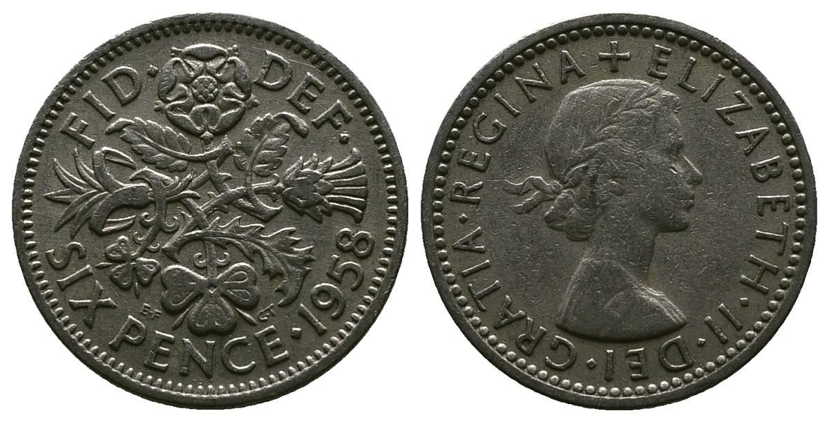 Великобритания 6 пенсов 1958 Елизавета II (1952-2022) KM 903, Spink 4149 медно-никель 4381-666