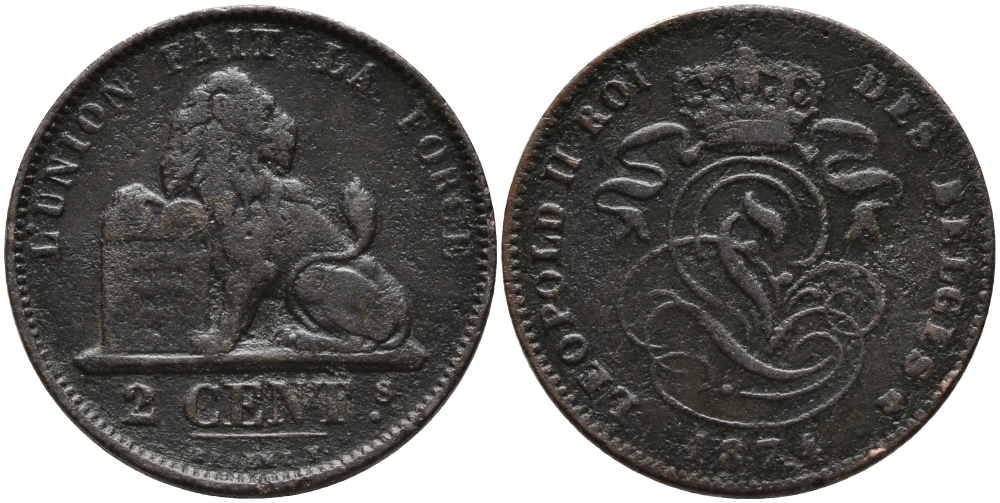 БЕЛЬГИЯ 2 САНТИМА 1874 BELGES KM 35.1 медь 95-657