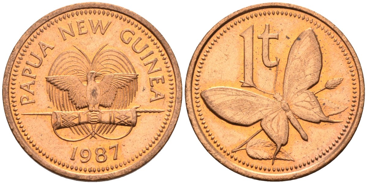 Папуа-Новая Гвинея 1 тойя 1987 бабочка KM 1 бронза UNC 4516-545