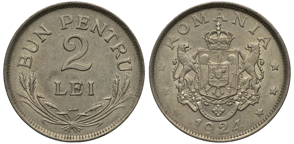 РУМЫНИЯ 2 ЛЕЯ 1924 p, ФЕРДИНАНД I (1914-1927) KM 47 медно-никель 94-542