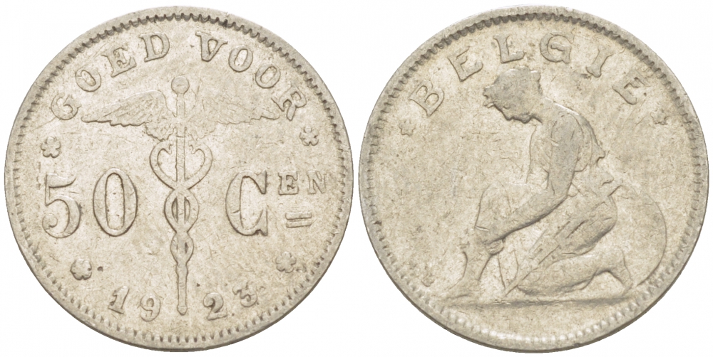 БЕЛЬГИЯ 50 САНТИМОВ 1923 BELGIE KM 88 никель 3996-1211
