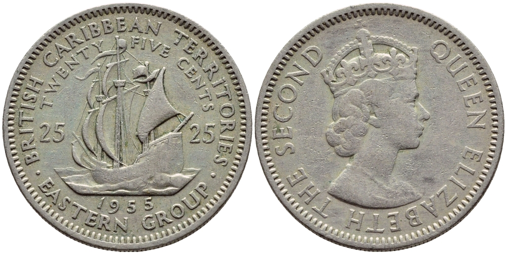 Британские Восточно-Карибские территории 25 центов 1955 Елизавета II (1952-2022), парусник KM 6 медно-никель 4379-1317