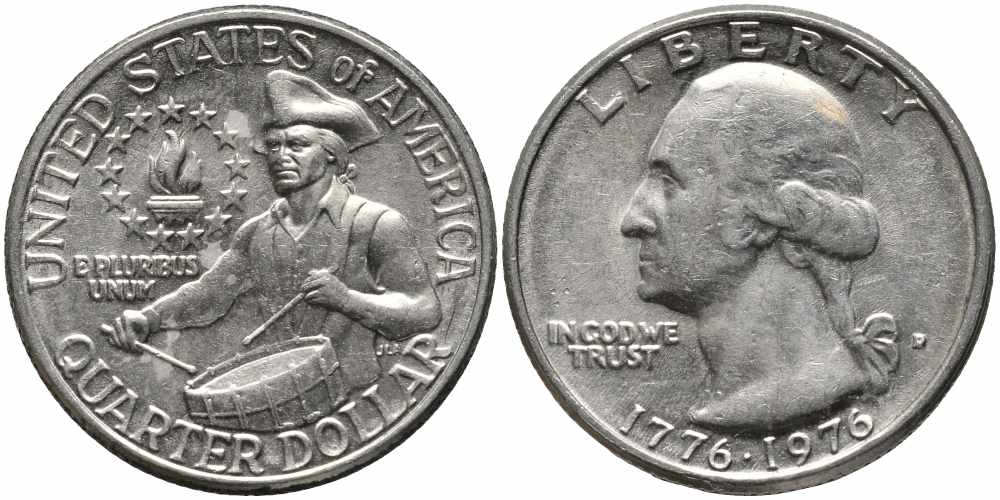 США 25 центов = квотер 1976 D, 200 лет независимости (1776-1976), Вашингтон, барабанщик KM 204 медь плакированная медно-никелем 113-223