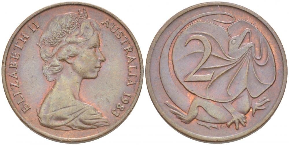 АВСТРАЛИЯ 2 ЦЕНТА 1983 ЕЛИЗАВЕТА II (1953-), ЕЛИЗАВЕТА II, МОЛОДОЙ ПОРТРЕТ, ПЛАЩЕНОСНАЯ ЯЩЕРИЦА (FRILLED LIZARD) KM 63 бронза 4519-455