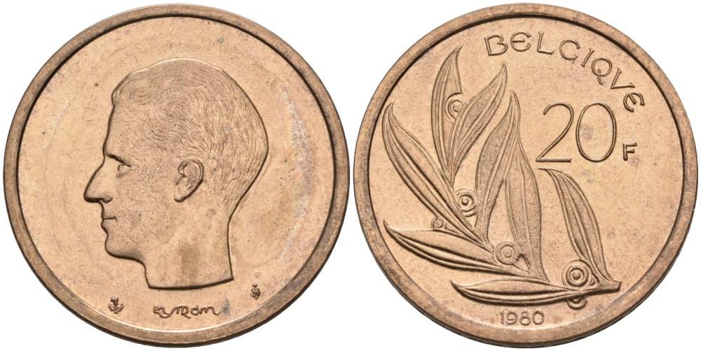 Бельгия 20 франков 1980 Belgique, Бодуэн I (1951-1993) KM 159 никель бронза UNC 4561-216