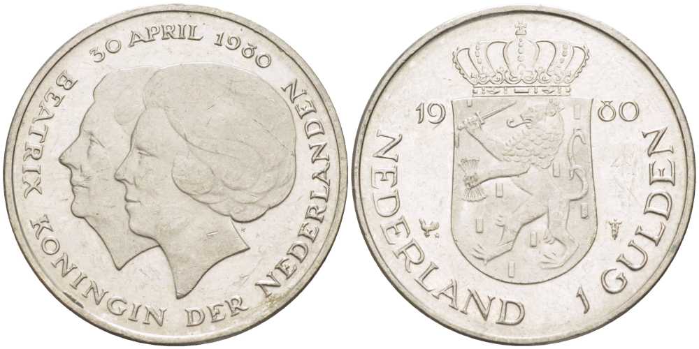 Нидерланды 1 гульден 1980 на коронацию Беатрикс, 30 апреля 1980 KM 200 никель 213-1253