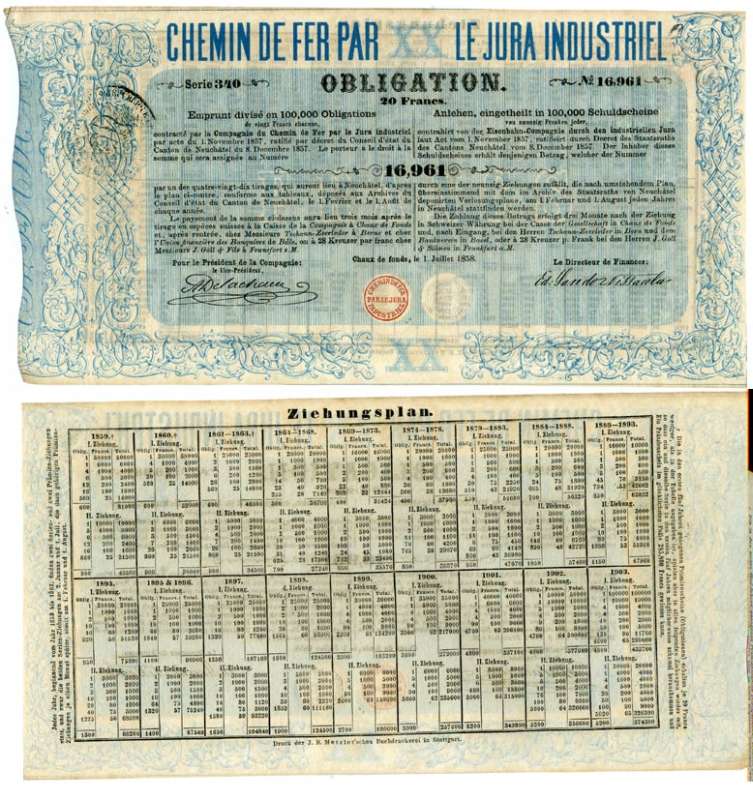 ШВЕЙЦАРИЯ ОБЛИГАЦИЯ НА 20 ФРАНКОВ 1858 CHEMIN DE FER PAR LE LURA INDUSTRIEL бумага 6262-23-1-2