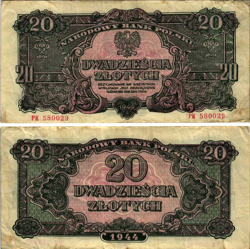 ПОЛЬША 20 ЗЛОТЫХ 1944 ПЕРВЫЙ НАЦИОНАЛЬНЫЙ ВЫПУСК ПОСЛЕ ВТОРОЙ МИРОВОЙ ВОЙНЫ, СЕРИЯ РК 580029, OBOWAZKOWE Pick 113a бумага F-VF 7487-39-1