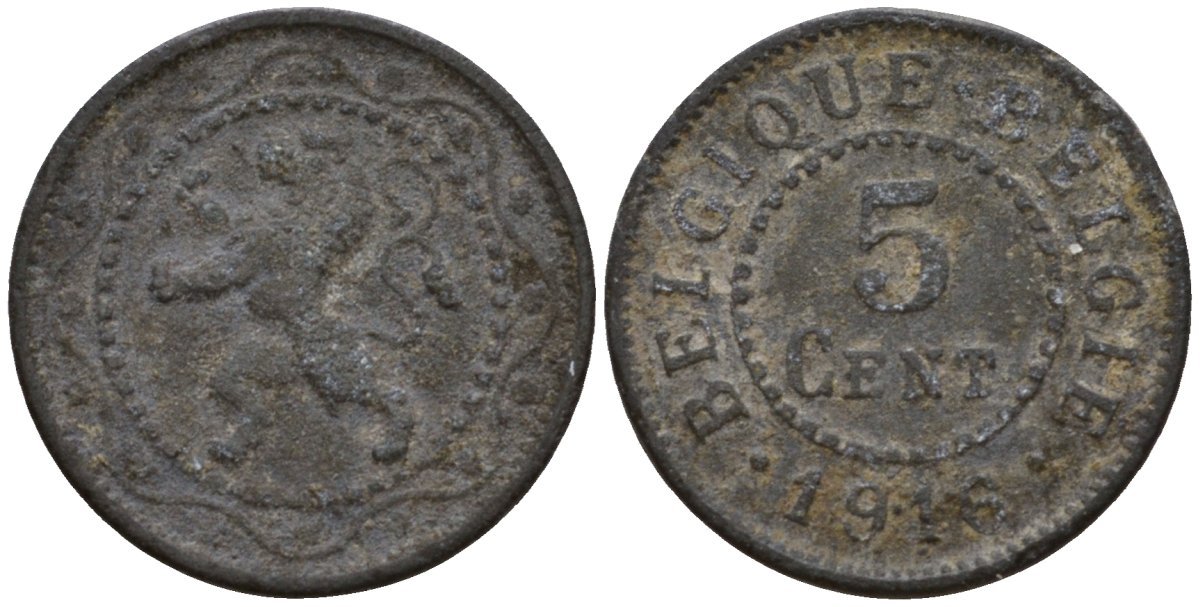 Бельгия 5 сантимов 1916 германская оккупация первая мировая война, Альберт I (1910-1934) KM 80 цинк 4556-1227