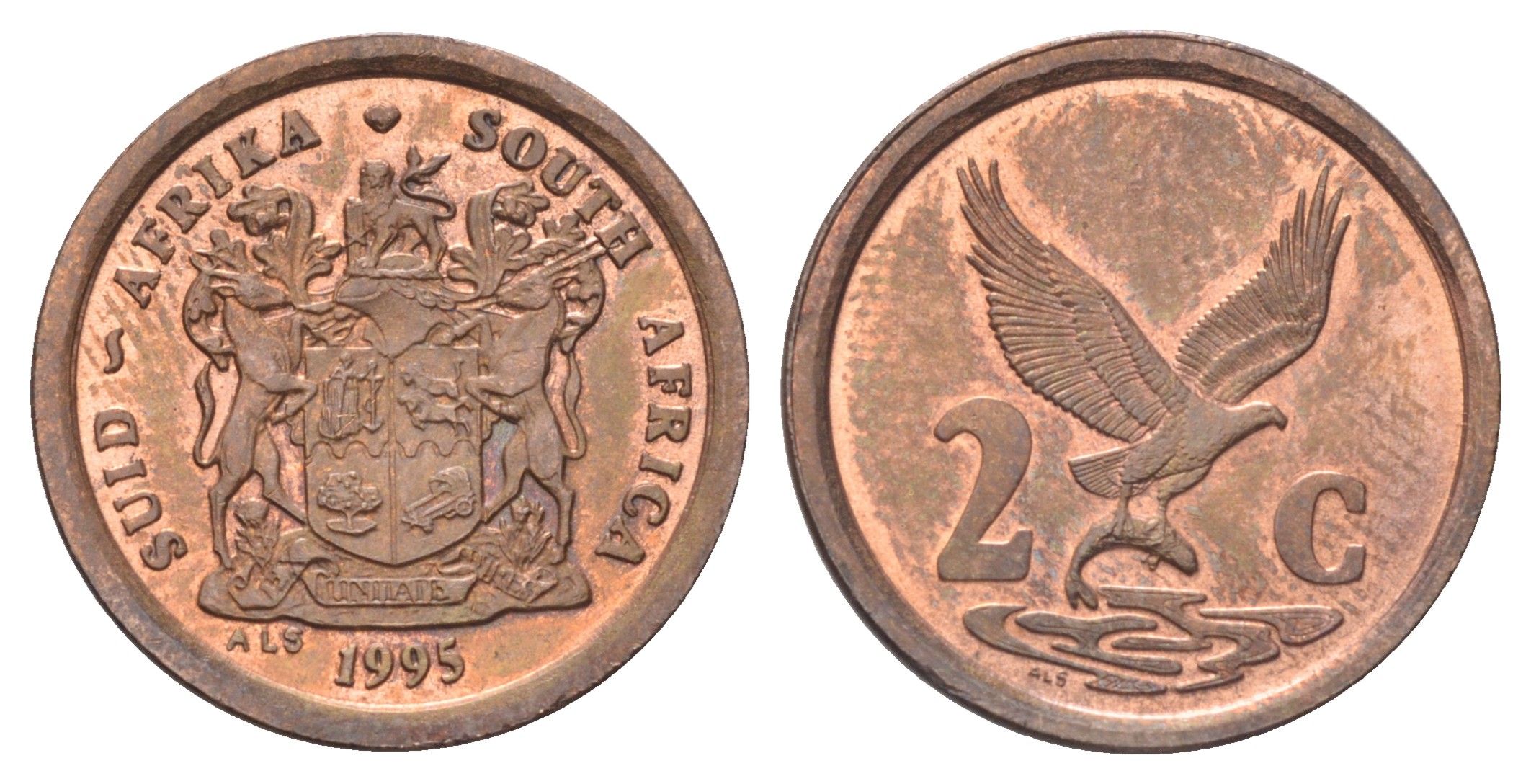 ЮАР 2 цента 1995 орел с рыбой KM 133 сталь плакированная медью UNC 4696-943
