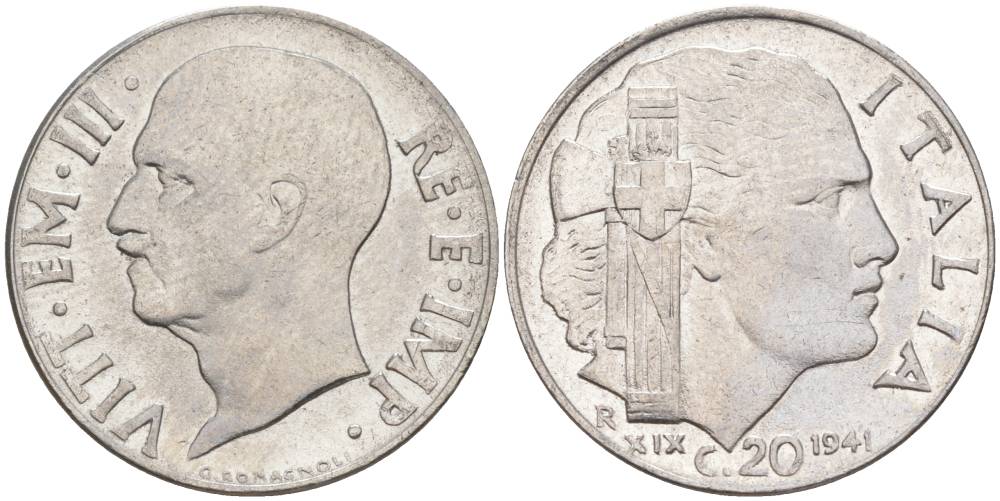 ИТАЛИЯ 20 ЧЕНТЕЗИМО 1941 R, ГОД XIX, ВИКТОР ЭММАНУИЛ III (1900-1946) KM 75b, VEM3. 1028 нержавеющая сталь 3853-1137