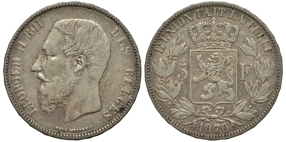 Бельгия 5 франков 1870 Леопольд II (1865-1909) KM 24 серебро    1530-943