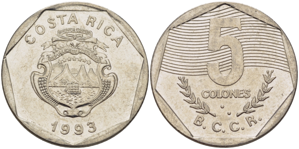 КОСТА-РИКА 5 КОЛОН 1993 l KM 214.3 сталь плакированная никелем 67-1011