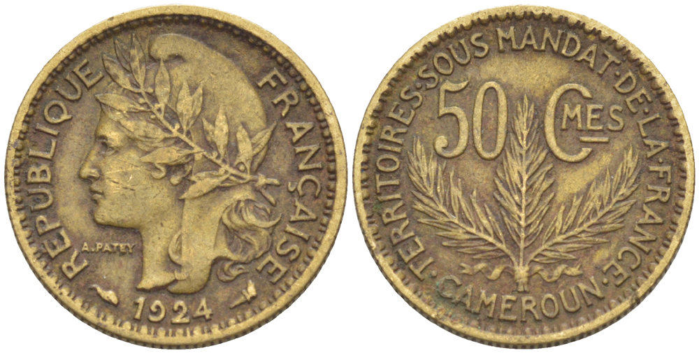 Французский Камерун 50 сантимов 1924 (а), монетный двор Париж KM 1 алюминиевая бронза 72-1643