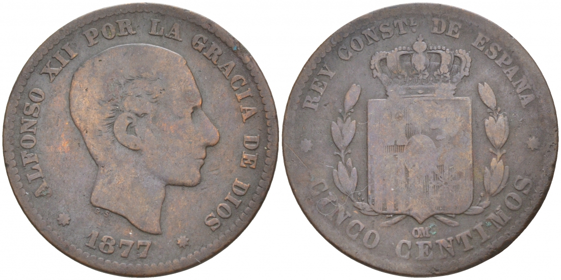 ИСПАНИЯ 5 СЕНТИМО 1877 ОМ, АЛЬФОНСО XII KM 674 бронза 3853-1235