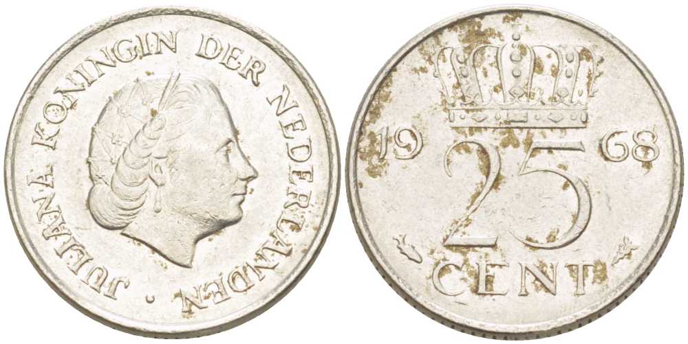 НИДЕРЛАНДЫ 25 ЦЕНТОВ 1968 ЮЛИАНА (1948-1980) KM 183 никель 214-949