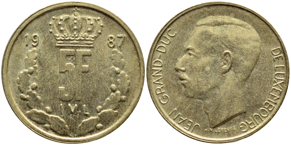 ЛЮКСЕМБУРГ 5 ФРАНКОВ 1987 БОЛЬШАЯ КОРОНА KM 60.2 латунь 4397-516