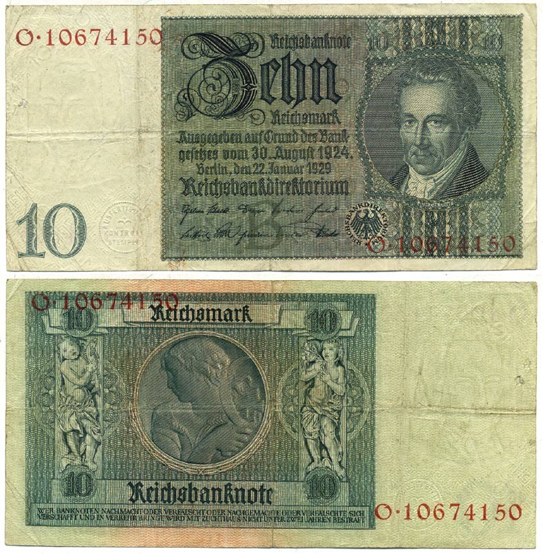 Германия 10 рейхсмарок 1929 Альбрехт Д. Тэер, буква B, серия O Pick 180a, Ros. 173е  бумага   7203-3-2-2