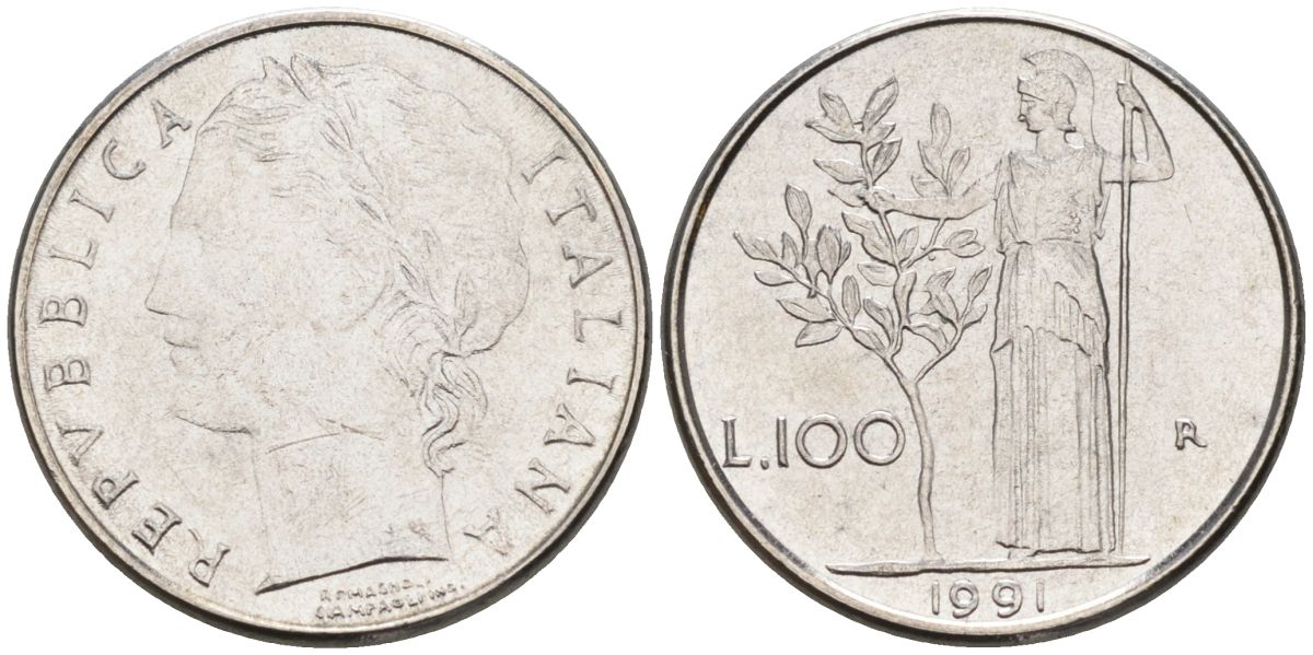 Италия 100 лир 1991 R, Афина в доспехах KM 96.2 нержавеющая сталь 4549-848